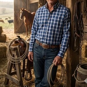 Wrangler George Strait Cowboy Cut Plaid Button Down Shirt Blue L